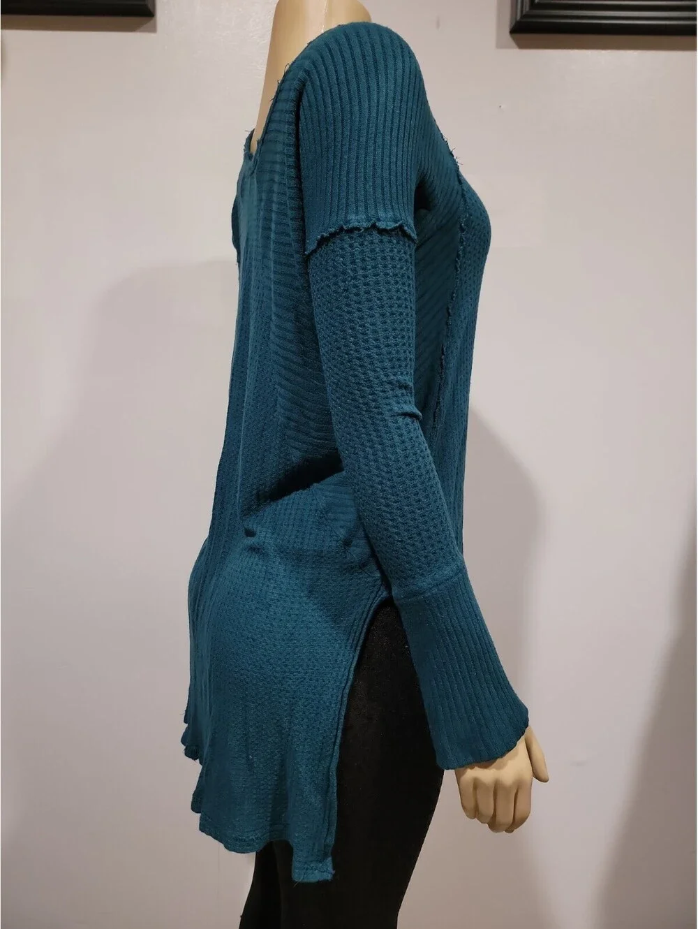 Free People Ventura Top Sz S Thermal Waffle Long Sleeve High Low Tunic Green #CC